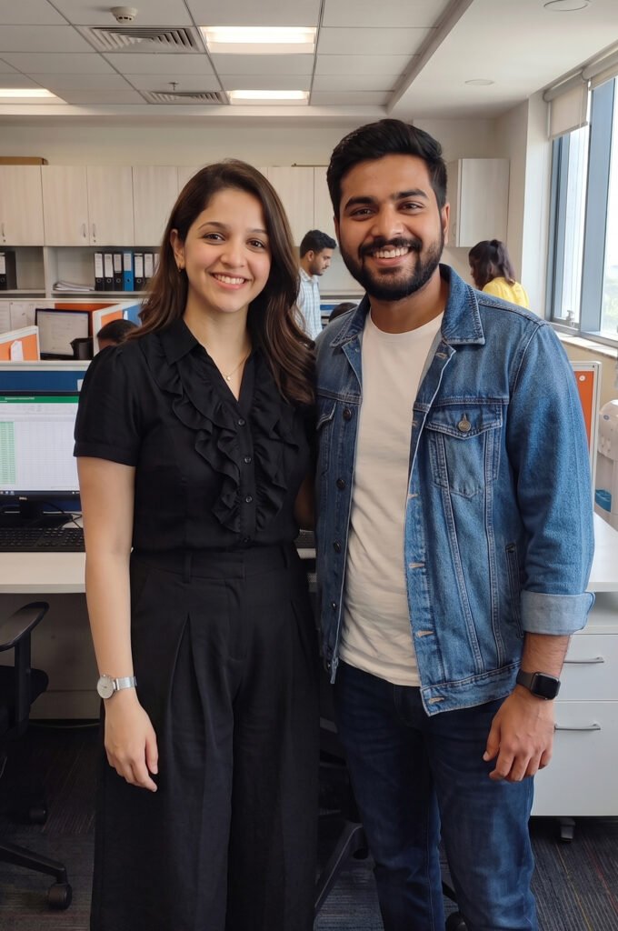 Yuvox Marketing digital marketing team members Pooja and Mohit smiling confidently inside our agency office while collaborating on client branding and ad campaigns.